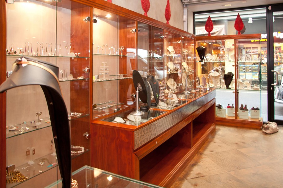 Custom timber and glass jewellery display cabinets and counter built by Woodcraft Cabinets for Sine Qua Non, Melbourne