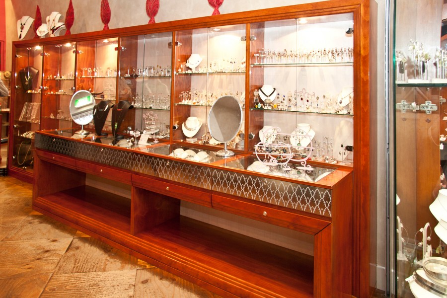 Custom timber and glass jewellery wall cabinet and display counter for Sine Qua Non, Melbourne